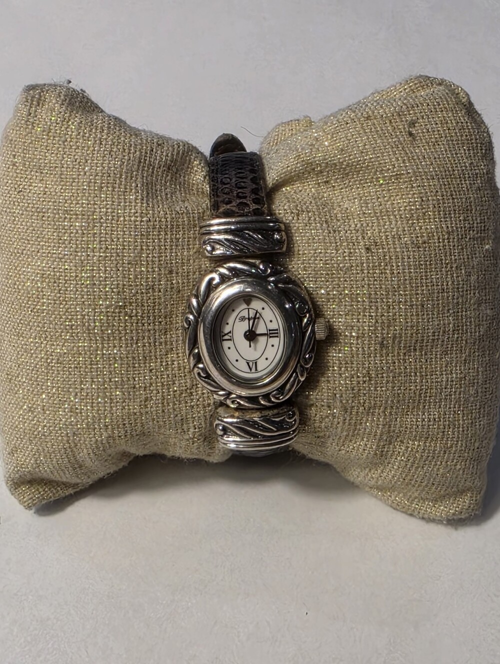 Brighton Paris Silver Tone Oval Face Watch Brown Embossed‎ Leather Strap